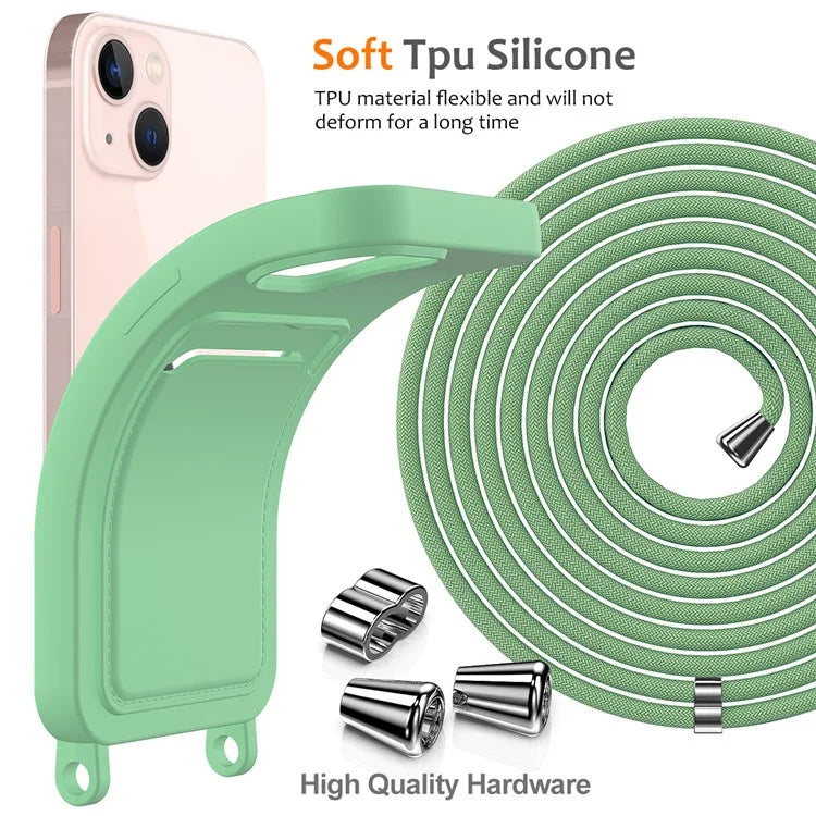 For iPhone 13 Case Liquid Silicone Back Card Holder Phone Cover with Neck Strap