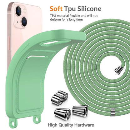 For iPhone 13 Case Liquid Silicone Back Card Holder Phone Cover with Neck Strap