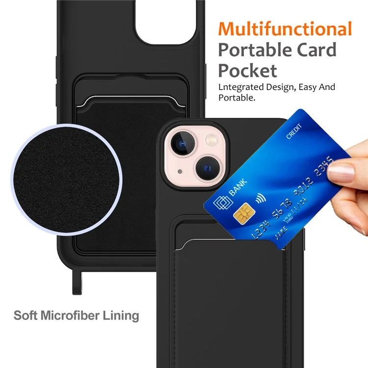 For iPhone 13 Case Liquid Silicone Back Card Holder Phone Cover with Neck Strap