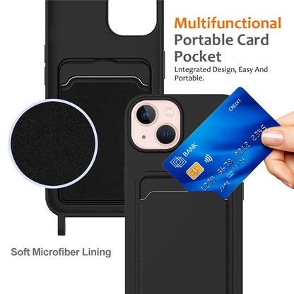 For iPhone 13 Case Liquid Silicone Back Card Holder Phone Cover with Neck Strap