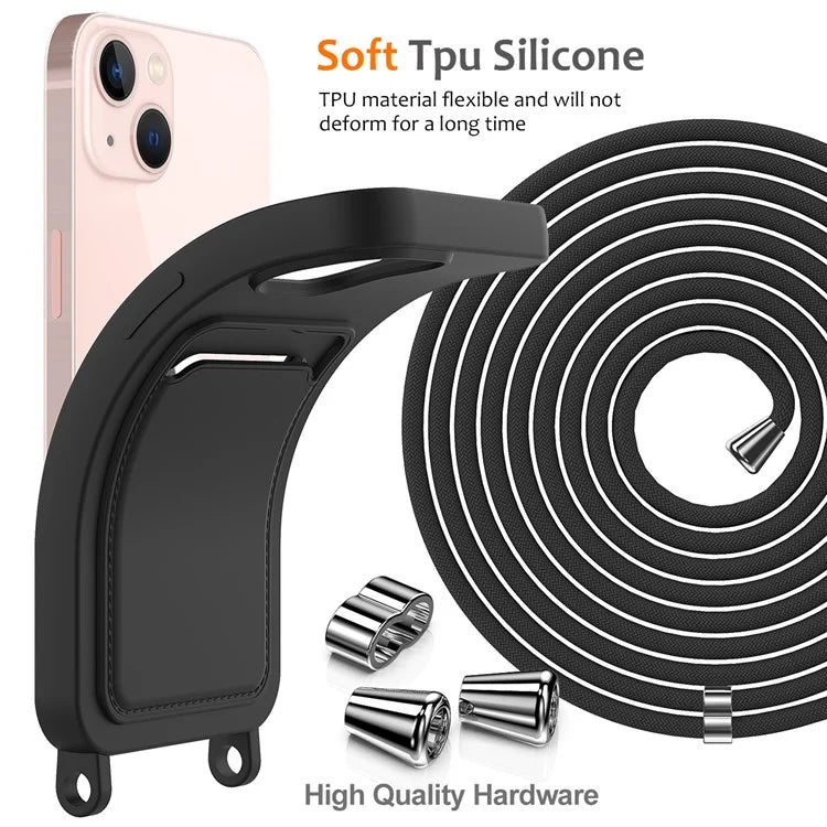 For iPhone 13 Case Liquid Silicone Back Card Holder Phone Cover with Neck Strap