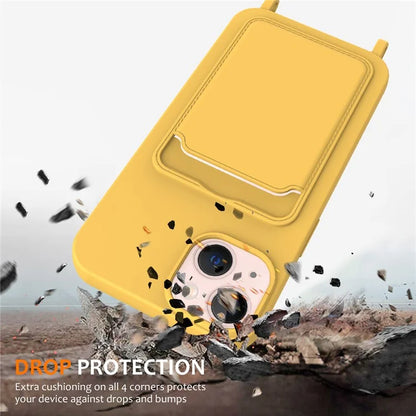 For iPhone 13 Case Liquid Silicone Back Card Holder Phone Cover with Neck Strap