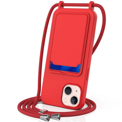 For iPhone 13 Case Liquid Silicone Back Card Holder Phone Cover with Neck Strap