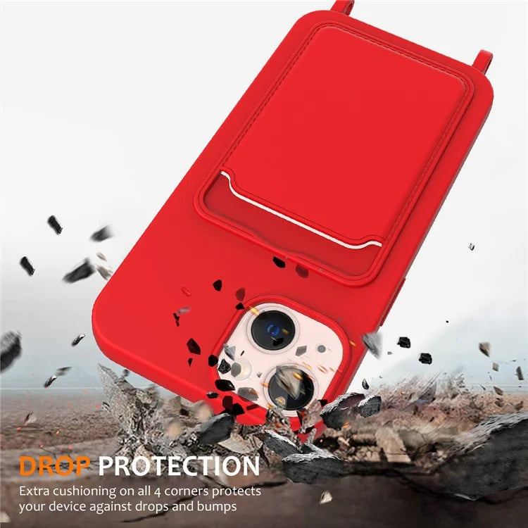For iPhone 13 Case Liquid Silicone Back Card Holder Phone Cover with Neck Strap