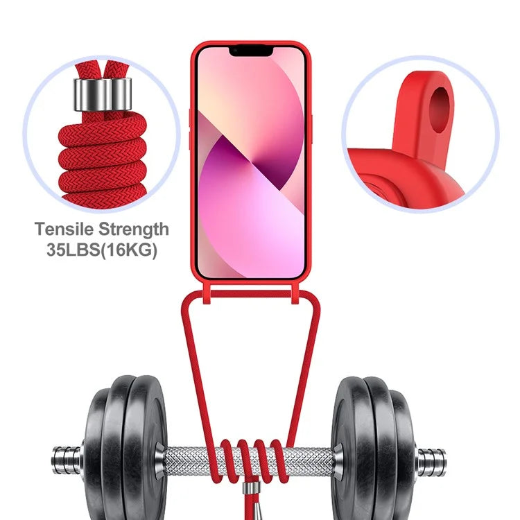 For iPhone 13 Case Liquid Silicone Back Card Holder Phone Cover with Neck Strap
