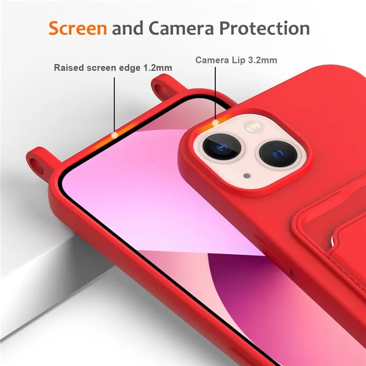 For iPhone 13 Case Liquid Silicone Back Card Holder Phone Cover with Neck Strap