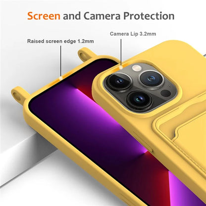 For iPhone 13 Pro Card Slot Case Liquid Silicone Phone Protector with Lanyard