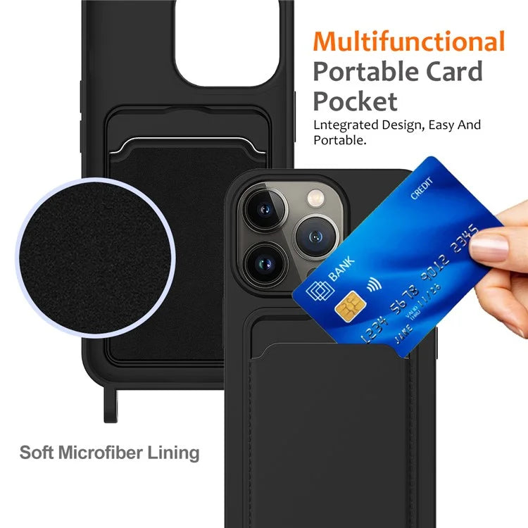 For iPhone 13 Pro Card Slot Case Liquid Silicone Phone Protector with Lanyard