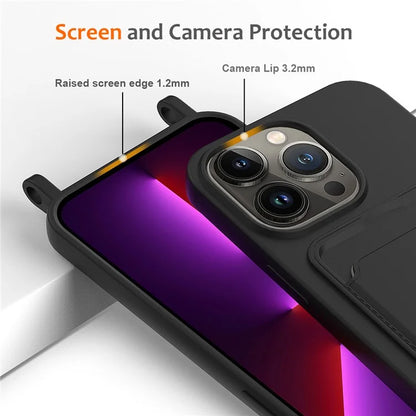 For iPhone 13 Pro Card Slot Case Liquid Silicone Phone Protector with Lanyard