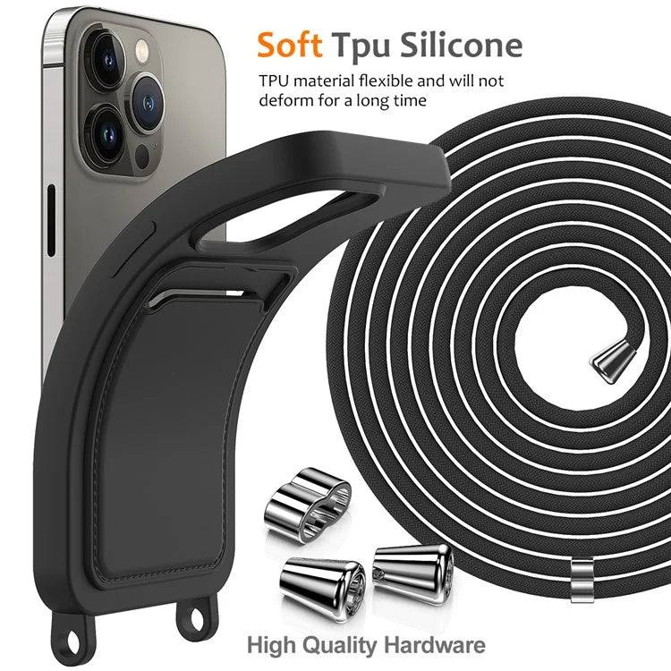 For iPhone 13 Pro Card Slot Case Liquid Silicone Phone Protector with Lanyard