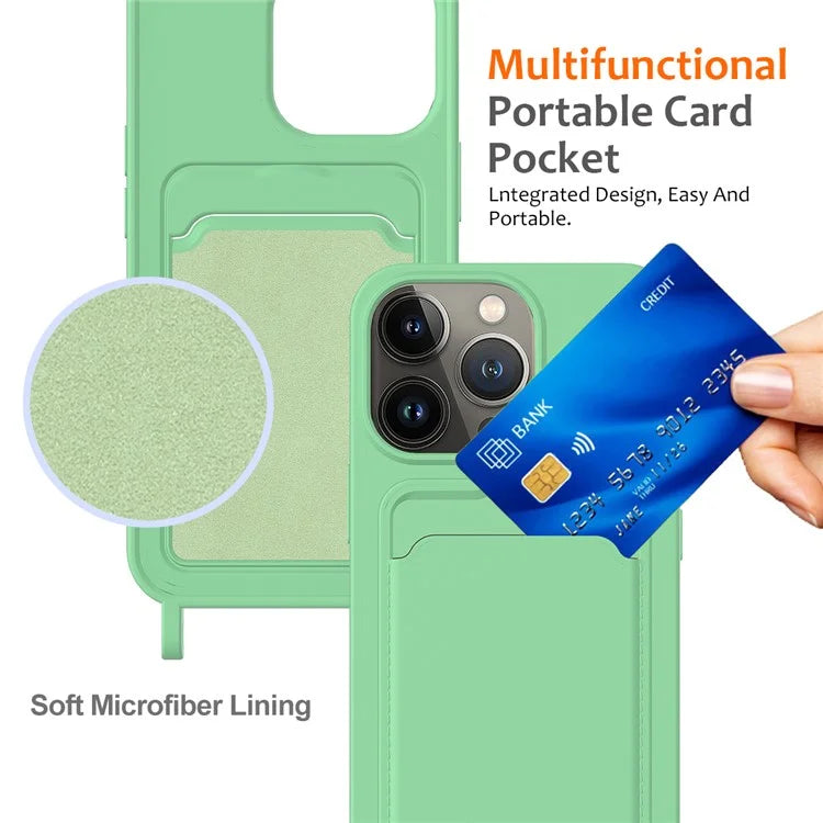 For iPhone 13 Pro Card Slot Case Liquid Silicone Phone Protector with Lanyard