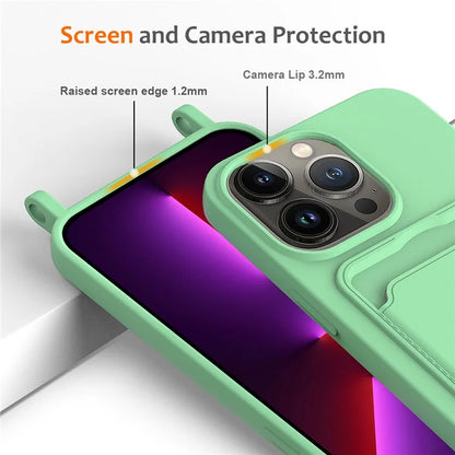 For iPhone 13 Pro Card Slot Case Liquid Silicone Phone Protector with Lanyard