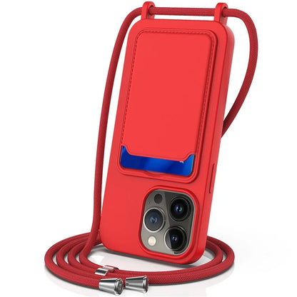 For iPhone 13 Pro Card Slot Case Liquid Silicone Phone Protector with Lanyard