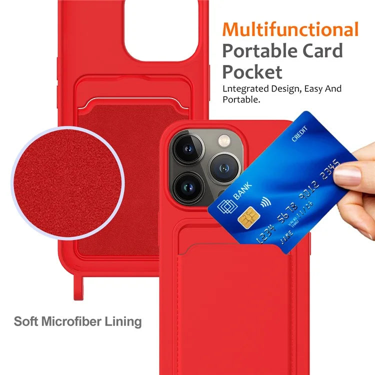 For iPhone 13 Pro Card Slot Case Liquid Silicone Phone Protector with Lanyard