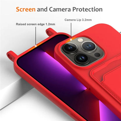 For iPhone 13 Pro Card Slot Case Liquid Silicone Phone Protector with Lanyard
