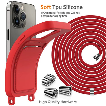 For iPhone 13 Pro Card Slot Case Liquid Silicone Phone Protector with Lanyard
