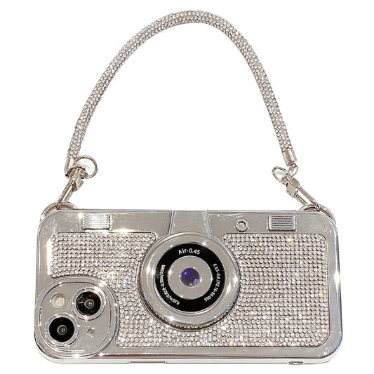 For iPhone 14 Plus Cell Phone Parts Wholesale Rhinestone Case Camera Shaped TPU Cover with Carrying Chain