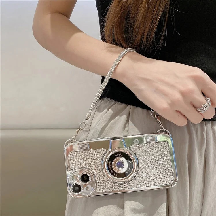 For iPhone 15 Cell Phone Case Camera Shaped Rhinestone Decor TPU Cover with Carrying Chain