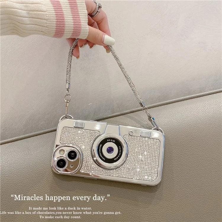 For iPhone 15 Cell Phone Case Camera Shaped Rhinestone Decor TPU Cover with Carrying Chain