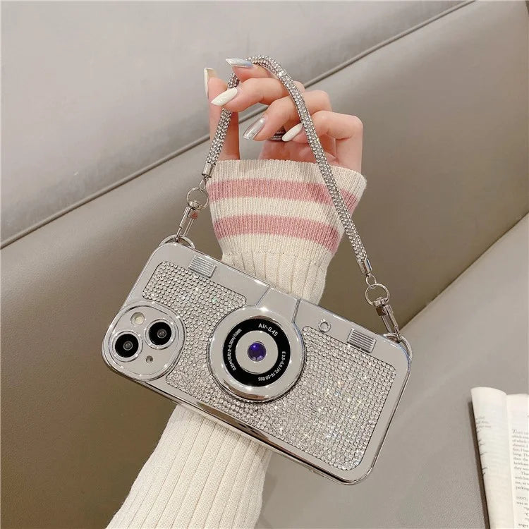 For iPhone 15 Cell Phone Case Camera Shaped Rhinestone Decor TPU Cover with Carrying Chain