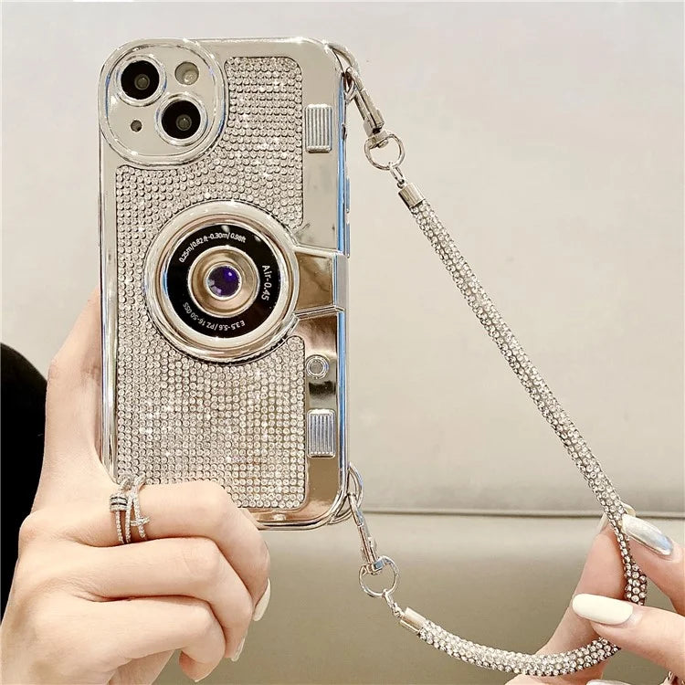 For iPhone 15 Cell Phone Case Camera Shaped Rhinestone Decor TPU Cover with Carrying Chain