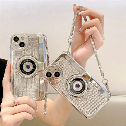 For iPhone 15 Cell Phone Case Camera Shaped Rhinestone Decor TPU Cover with Carrying Chain