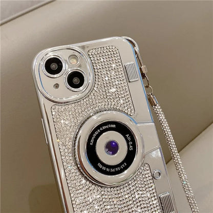 For iPhone 15 Cell Phone Case Camera Shaped Rhinestone Decor TPU Cover with Carrying Chain