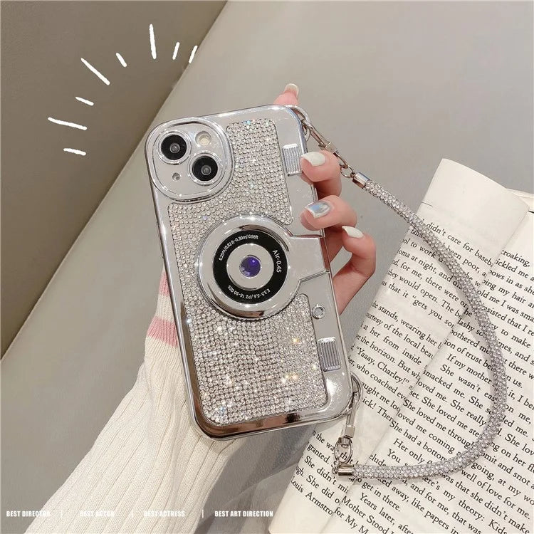 Wholesale Phone Cases for iPhone 13 Rhinestone Decor Camera Shaped TPU Cover with Carrying Chain