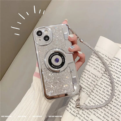 Wholesale Phone Cases for iPhone 13 Rhinestone Decor Camera Shaped TPU Cover with Carrying Chain