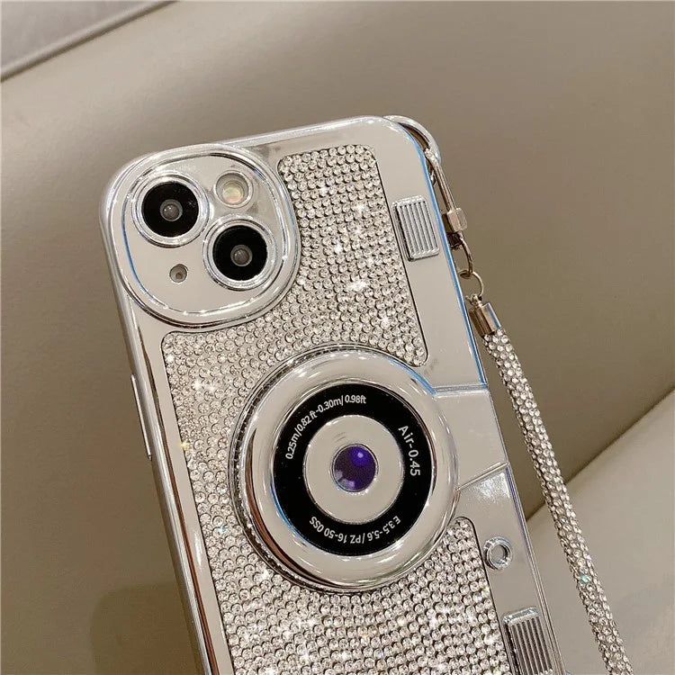Wholesale Phone Cases for iPhone 13 Rhinestone Decor Camera Shaped TPU Cover with Carrying Chain