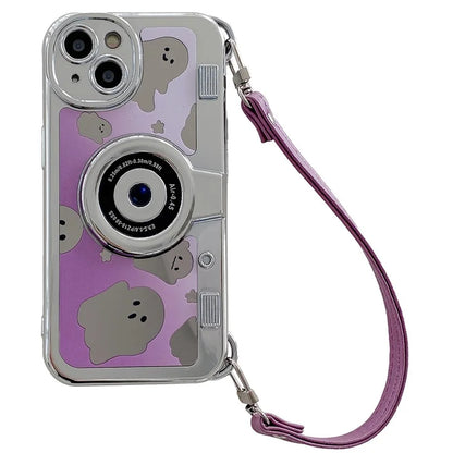 Mirror Surface Ghost TPU Case for iPhone 13 Phone Cover Camera Shaped Phone Shell with Handy Strap