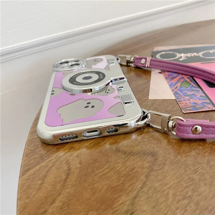 Mirror Surface Ghost TPU Case for iPhone 13 Phone Cover Camera Shaped Phone Shell with Handy Strap