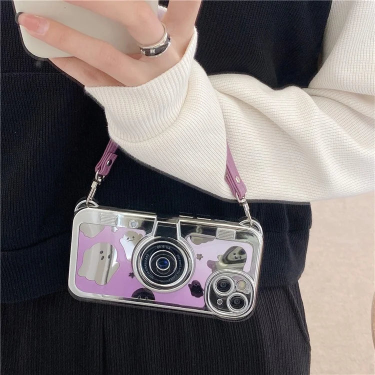 For iPhone 14 Cover Camera Design Mirror Effect Cute Ghost TPU Phone Case with Strap