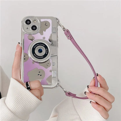 For iPhone 14 Cover Camera Design Mirror Effect Cute Ghost TPU Phone Case with Strap