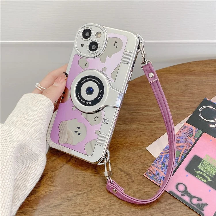 For iPhone 14 Cover Camera Design Mirror Effect Cute Ghost TPU Phone Case with Strap