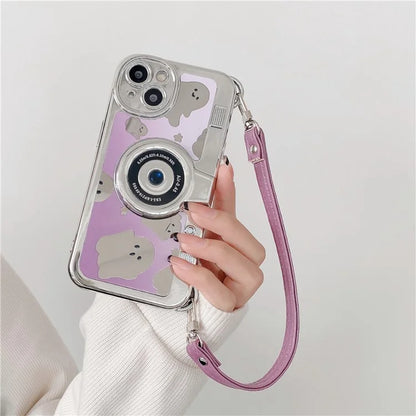 For iPhone 14 Cover Camera Design Mirror Effect Cute Ghost TPU Phone Case with Strap