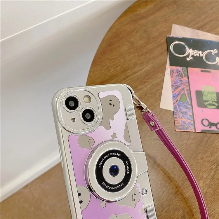 For iPhone 14 Cover Camera Design Mirror Effect Cute Ghost TPU Phone Case with Strap