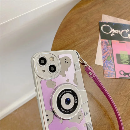 For iPhone 14 Cover Camera Design Mirror Effect Cute Ghost TPU Phone Case with Strap