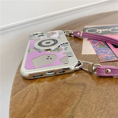 For iPhone 14 Cover Camera Design Mirror Effect Cute Ghost TPU Phone Case with Strap
