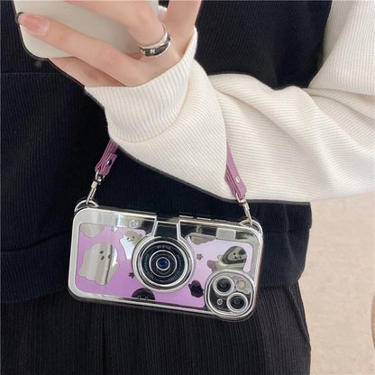 For iPhone 14 Plus Cover Mirror Effect Ghost Camera Design Anti-scratch TPU Phone Case with Strap