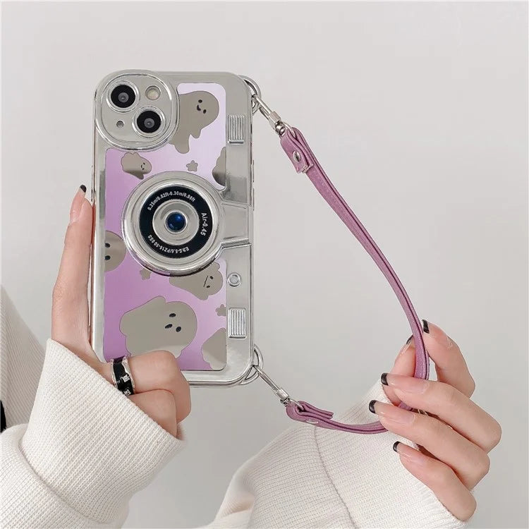 For iPhone 14 Plus Cover Mirror Effect Ghost Camera Design Anti-scratch TPU Phone Case with Strap