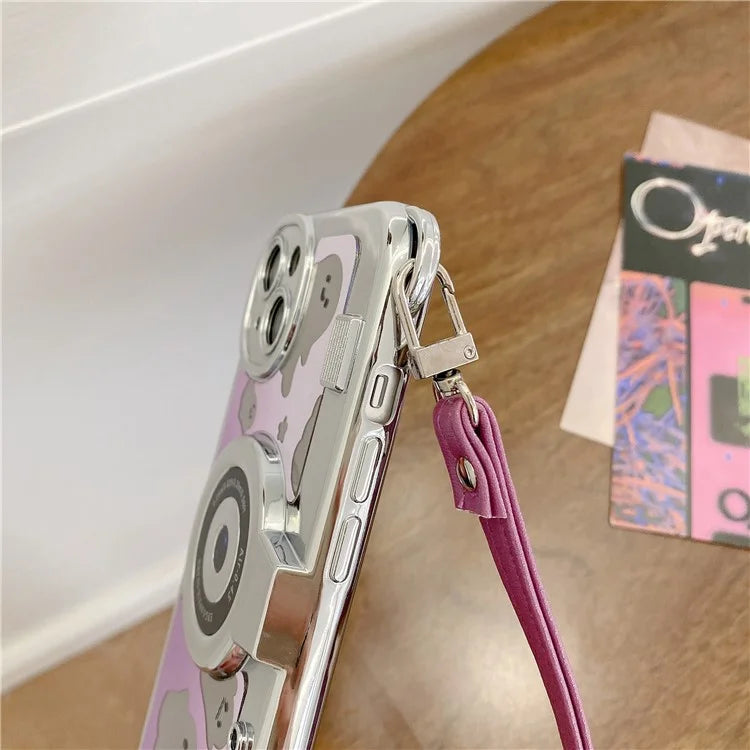 For iPhone 14 Plus Cover Mirror Effect Ghost Camera Design Anti-scratch TPU Phone Case with Strap