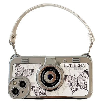 For iPhone 15 Case Electroplating Cell Phone Cover with Leather Strap Camera Shaped Design
