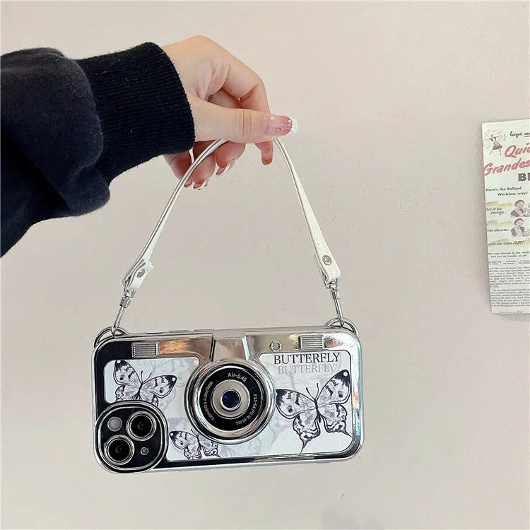 For iPhone 15 Case Electroplating Cell Phone Cover with Leather Strap Camera Shaped Design