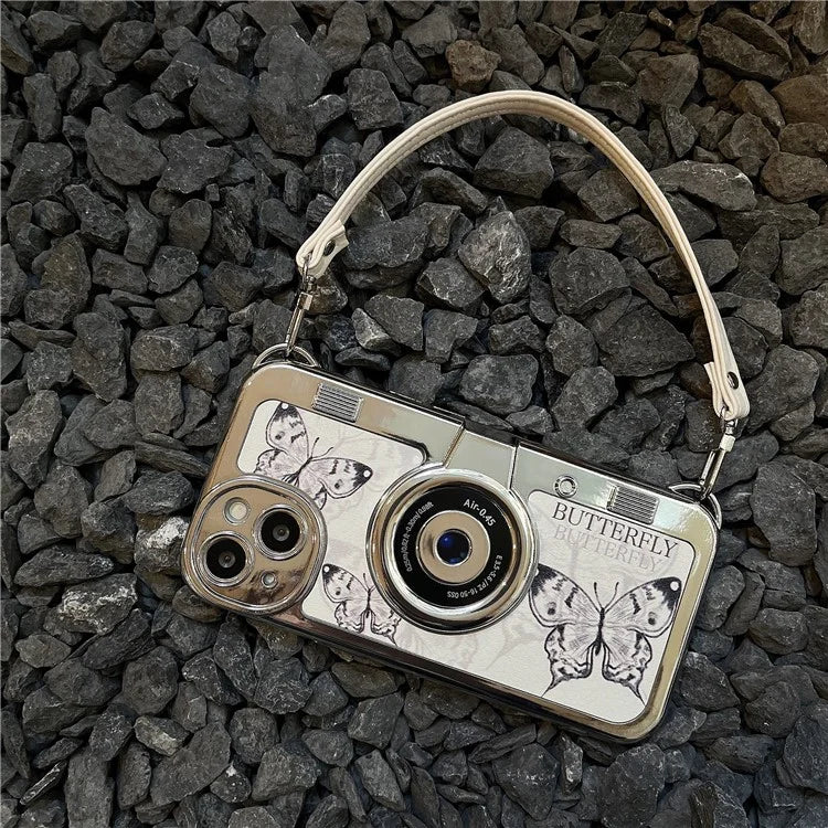 For iPhone 15 Case Electroplating Cell Phone Cover with Leather Strap Camera Shaped Design
