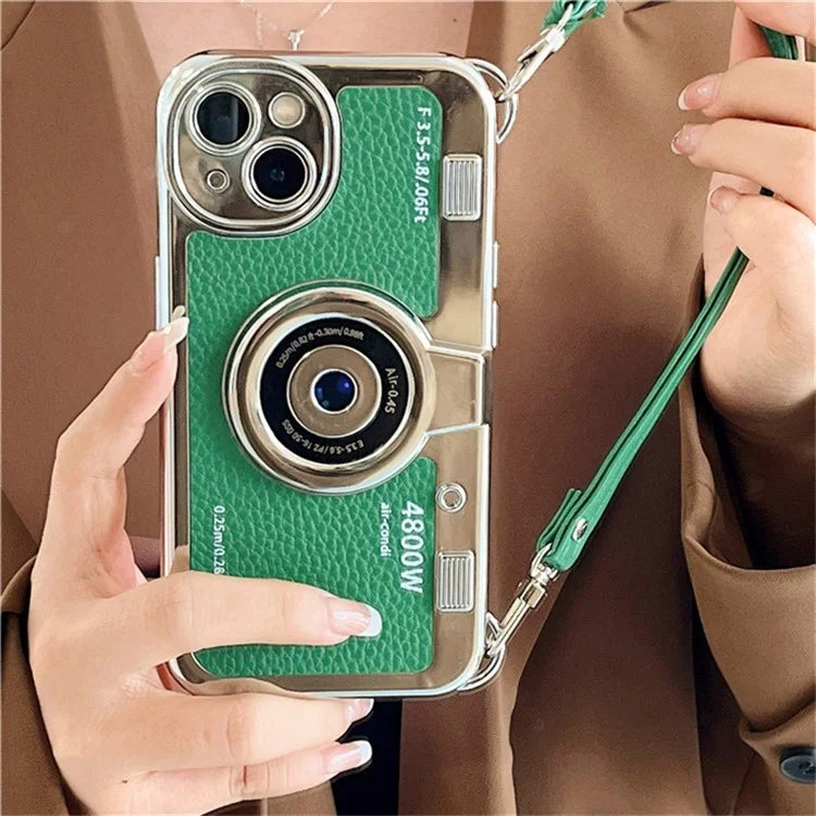 For iPhone 14 Plus Case Electroplated Leather+TPU Cell Phone Cover with Strap Camera Design