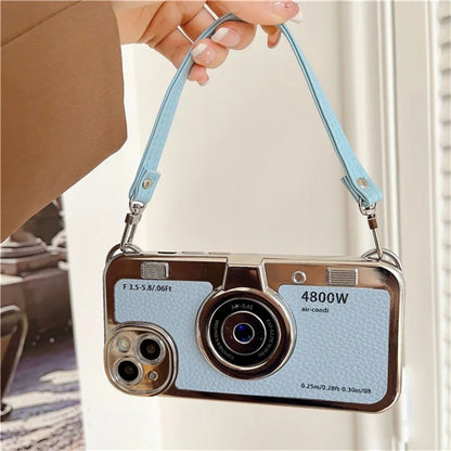 For iPhone 14 Plus Case Electroplated Leather+TPU Cell Phone Cover with Strap Camera Design