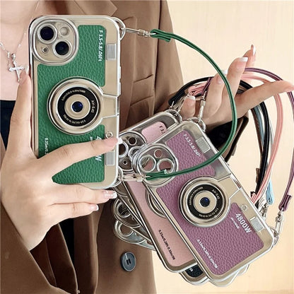 For iPhone 15 Cell Phone Case Camera Design Litchi Texture Leather+TPU Cover with Tote Strap