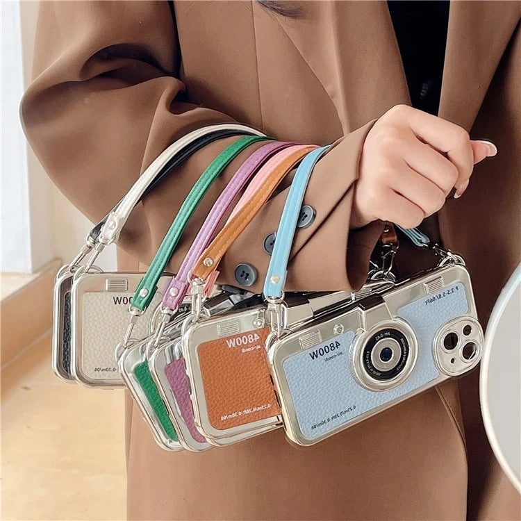 For iPhone 15 Cell Phone Case Camera Design Litchi Texture Leather+TPU Cover with Tote Strap