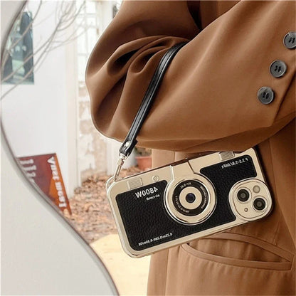 For iPhone 15 Cell Phone Case Camera Design Litchi Texture Leather+TPU Cover with Tote Strap